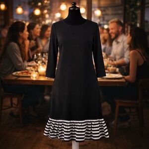 Michael Kors Dress Small Black with Stripped Ruffle Hem Y2K Minimalist